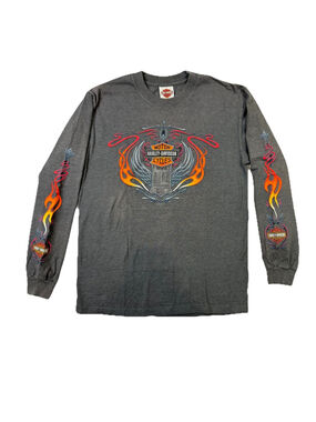 Vtg Harley Davidson Motorcycles Gulf Coast FL Flame Long Sleeve Shirt Sz M Gray